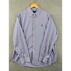 Ralph Lauren Shirt Mens XL Blue Orange Striped 120s Poplin Long Sleeve Button Up